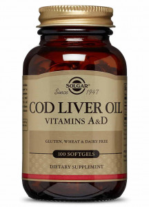 Жир из печени трески, витамины А и Д Solgar Cod Liver Oil Vitamins A and D Softgels 100 капсул