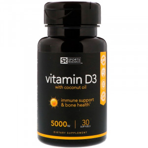 Sports Research Vitamin D3 with Coconut Oil 5000 IU Softgels 30 капсул