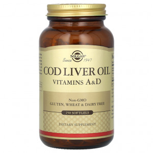 Жир из печени трески, витамины А и Д Solgar Cod Liver Oil Vitamins A and D Softgels 250 капсул