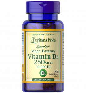 Витамин D3 Puritan's Pride Vitamin D3 10000 IU Softgels 200 капсул